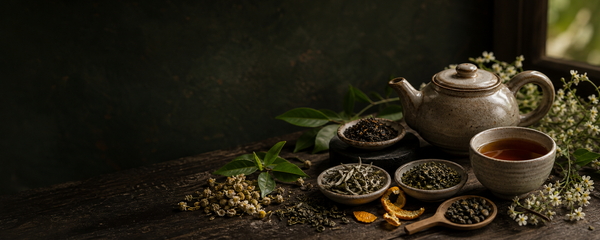 Dark editorial hero image with loose leaf tea, brewed tea, and botanicals for Citizen Tea